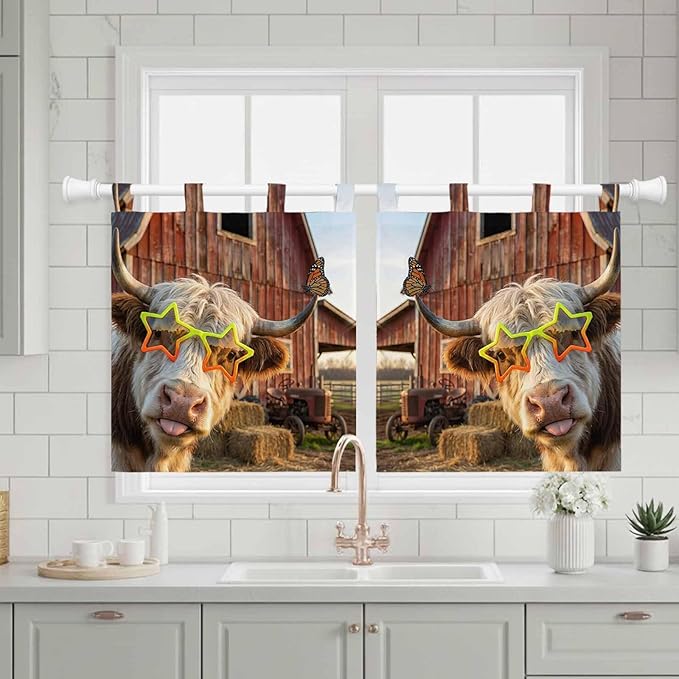 Farm Yaks Kitchen Curtains 24 Inch Length, Small Window Curtains Tab Top, Farmhouse Barn Funny Animals Butterfly Light Filtering Short Window Treatments Tier Drapes 27.5"x24" 2 Panel