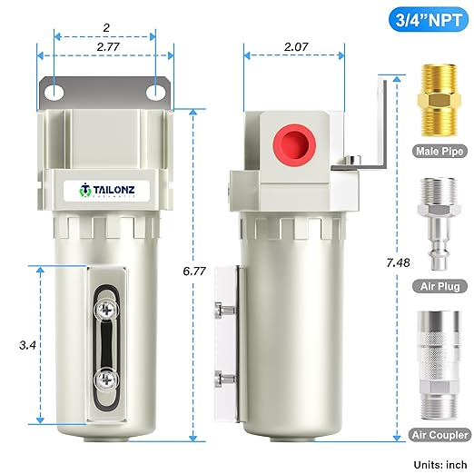 TAILONZ PNEUMATIC 3/4" NPT Industrial Compressed Air Desiccant Dryer, Used for Dry Air, Compressed Air, Water Separator, Plasma Cutting Machine and Other Metal Bowl with Activated Carbon Bag