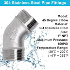 45 Degree Elbow 1PCS, 1" NPT Male X 1" NPT Male 304 Stainless Steel Pipe Fitting, Connector Coupler Apply to Outdoor/Garden/Industrial