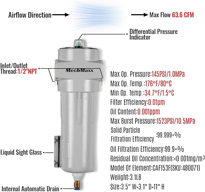63 CFM Compressed Air Oil-Water Separator Precision Filter,0.01μm,Oil Content 0.001ppm, With Auto Drain, Pressure Indicator,Recommended for use with M15AC230,Model CAF153
