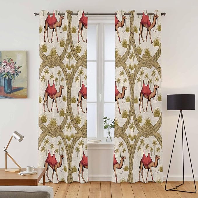 2 Panel Kitchen Cafe Curtains, Camels Palm Trees Sunlight Filtering Nature Air Through, Window Decor Tier Curtains for Living Room 104W x 90L inch Desert Date Coconut Trees Leaves Cords Beige