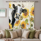 Yellow Sunflowers Living Room Curtains 96 Inch Length, Window Curtains Tab Top, Country Cow Flower Butterfly Farmhouse Cream Light Filtering Window Treatments Drapes 52"x96" 2 Panel