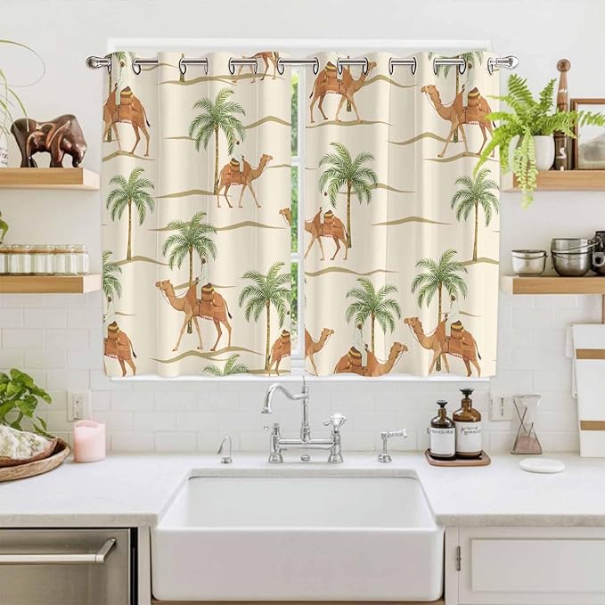 2 Panel Kitchen Cafe Curtains, Date Coconut Tree Sunlight Filtering Nature Air Through, Home Decor Window Covering Tier Curtains for Living Room 104W x 63L inch Desert Camels Botanical Tropical Beige