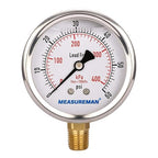 MEASUREMAN Lead-Free Pressure Gauge, 2-1/2inch Dial, Glycerin Filled, 0-60psi/kpa, Stainless Steel Case, 1/4inchNPT Lower Mount