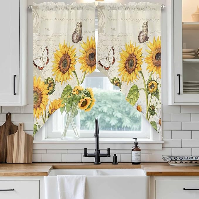 Farm Sunflowers Swag Valances for Windows, Retro Flowers Butterfly Botanical Beige Rod Pocket Kitchen Curtains Valance, Small Window Curtains Swag for Cafe Bathroom Living Room, 2 Panels, 36x36 inch