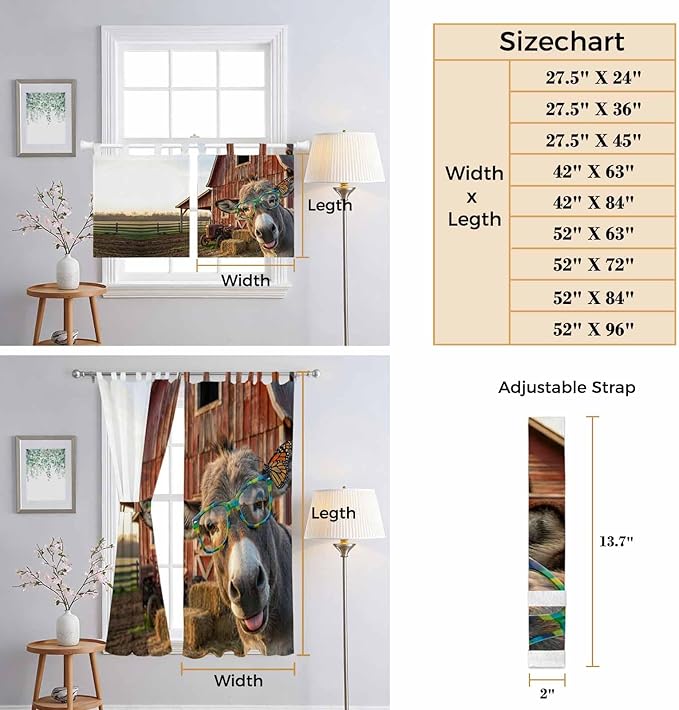Farm Donkeys Living Room Curtains 84 Inch Length, Window Curtains Tab Top, Farmhouse Barn Funny Animals Butterfly Light Filtering Window Treatments Drapes 52"x84" 2 Panel