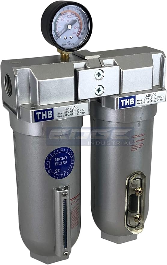 2 STAGE INDUSTRIAL GRADE IN-LINE COALESCING FILTER & DESICCANT AIR DRYER COMBINATION WITH 11oz METAL BOWLS FOR SPRAY GUN EQUIPMENT PAINT BOOTH COMPRESSOR, PLASMA CUTTER (1" NPT, MANUAL DRAIN)