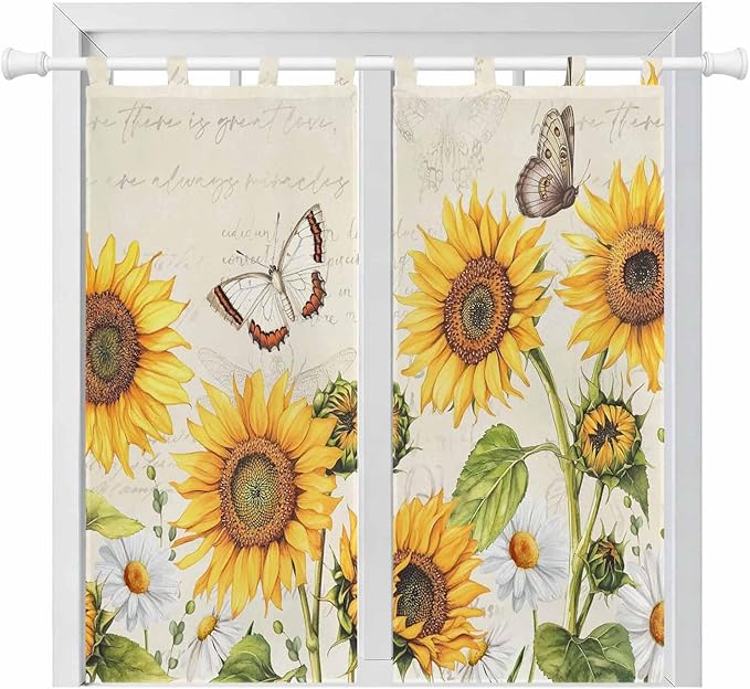 Farm Sunflowers Living Room Curtains 84 Inch Length, Window Curtains Tab Top, Retro Flowers Butterfly Botanical Beige Light Filtering Window Treatments Drapes 42"x84" 2 Panel