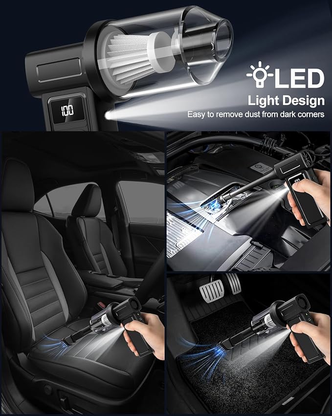 Compressed Electric Air Duster & Handheld Car Vacuum Cleaner 2-in-1-10000mAh Battery 180000RPM 4-Speed echargeable Air Blower for Car Cleaning, Home, Keyboard, PC, LED Light