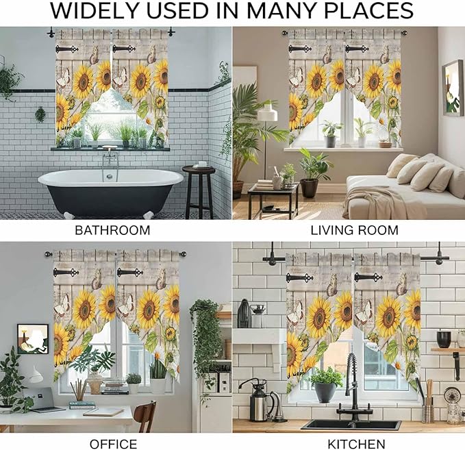 Farm Flowers Swag Valances for Windows, Retro Sunflowers Barn Doors Butterfly Wood Board Rod Pocket Kitchen Curtains Valance, Kitchen Window Curtains Swag for Cafe Living Room, 2 Panels, 36x45 inch