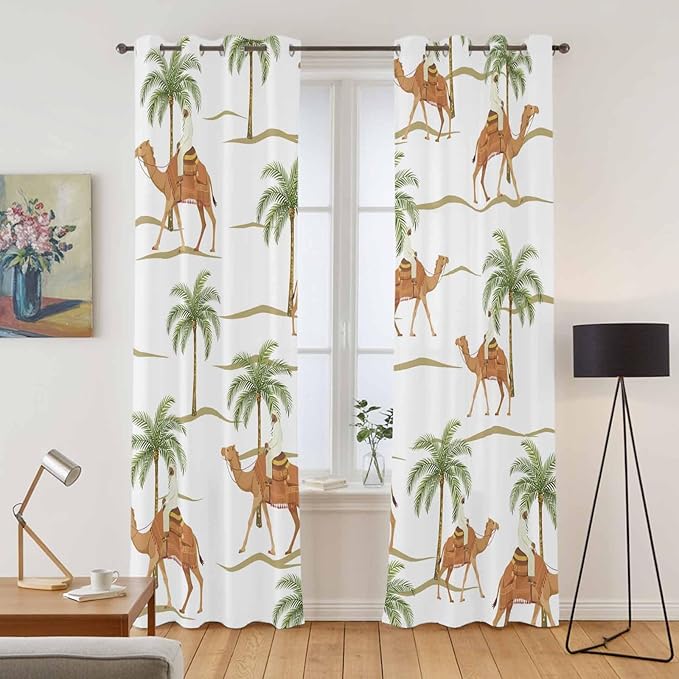 2 Panel Kitchen Cafe Curtains, Desert Camels Sunlight Filtering Nature Air Through, Home Decor Window Covering Tier Curtains for Bedroom Living Room 104W x 96L inch Tropical Date Palm Trees Animal