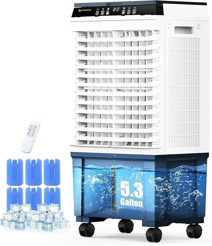 Air Choice Swamp Cooler, 1800 CFM Portable Evaporative Air Cooler, 6 Ice Box & 5.3 Gal Water Tank, 110° Auto Swing, 3 Speeds, Remote, 12H Timer, 3-in-1 Outdoor Air Cooling Fan for Bedroom Home Office