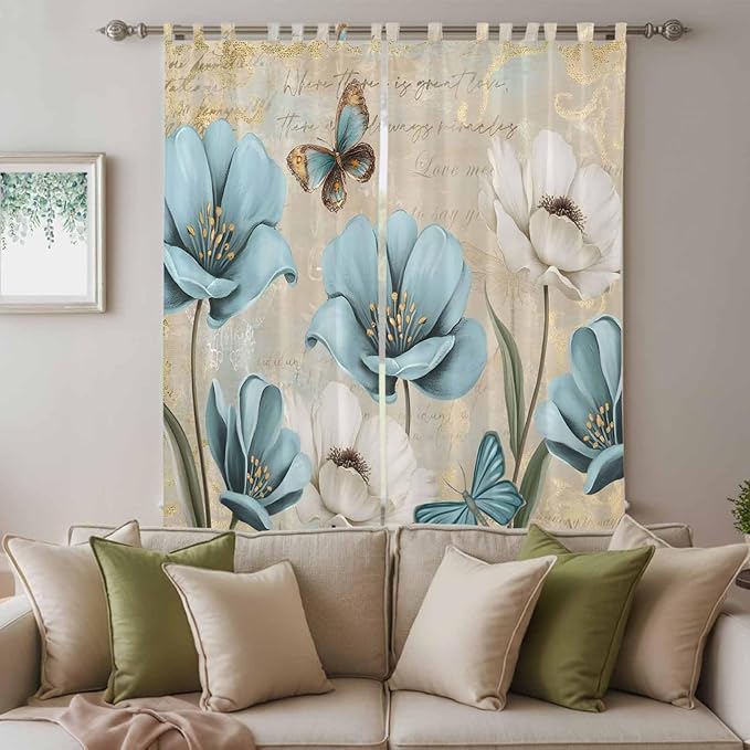 Spring Flowers Living Room Curtains 96 Inch Length, Window Curtains Tab Top, Vintage Rustic Tulips Floral Butterfly Khaki Light Filtering Window Treatments Drapes 52"x96" 2 Panel