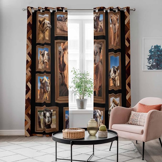 2 Panel Kitchen Cafe Curtains, Desert Camels Sunlight Filtering Nature Air Through, Home Decor Window Covering Tier Curtains for Living Room 80W x 84L inch Brown Wildlife Farmhouse Animals Rustic