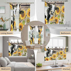Retro Farmhouse Flower Living Room Curtains 84 Inch Length, Window Curtains Tab Top, Yellow Sunflowers Cow Barn Doors Brown Light Filtering Window Treatments Drapes 52"x84" 2 Panel