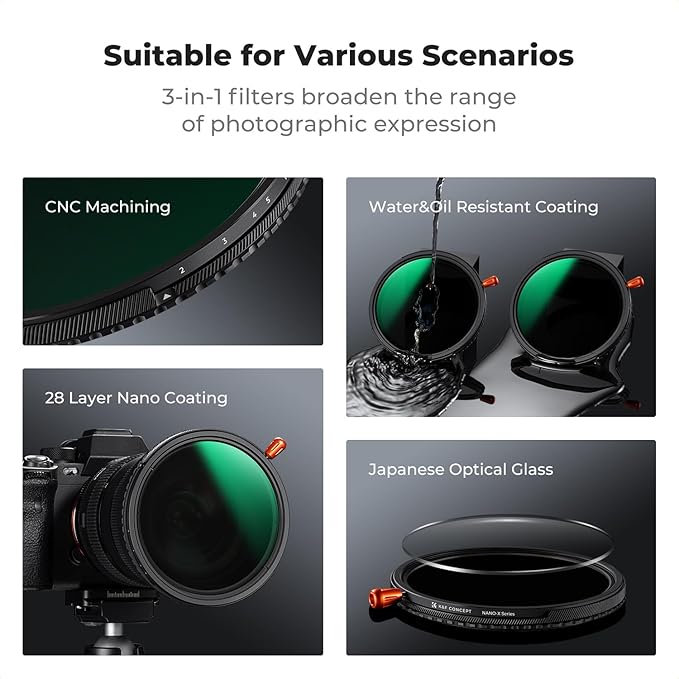 K&F CONCEPT 67mm Black Diffusion Mist Effect 1/4 & Variable ND2-32(1-5 Stops) & Circular Polarizing Filter CPL-in 1 HD Lens Filter with 28 Multi-Coatings for Camera Lenses (Nano-X Series)