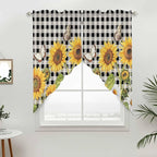 Sunflowers Swag Valances for Windows, Yellow Flowers Butterfly Farmhouse Black Plaid Rod Pocket Kitchen Curtains Valance, Kitchen Window Curtains Swag for Cafe Living Room, 2 Panels, 36x45 inch