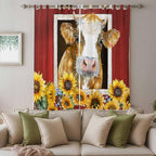 Cows Sunflowers Living Room Curtains 84 Inch Length, Window Curtains Tab Top, Spring Floral Bees Farmhouse Barn Light Filtering Window Treatments Drapes 52"x84" 2 Panel