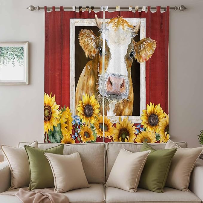 Cows Sunflowers Living Room Curtains 96 Inch Length, Window Curtains Tab Top, Spring Floral Bees Farmhouse Barn Light Filtering Window Treatments Drapes 52"x96" 2 Panel