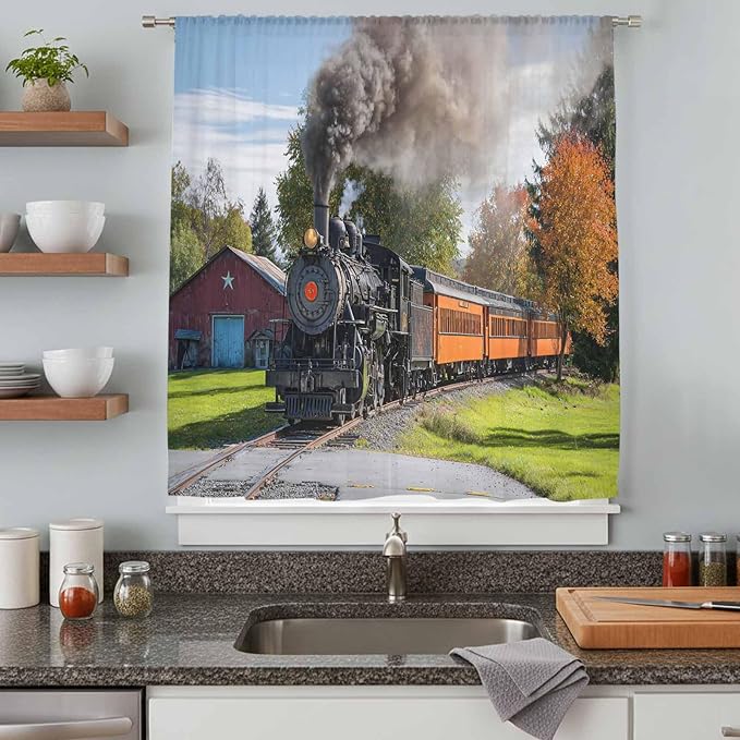 Steam Train Sheer Curtains 96 Inch Length Railroad Country Barn Rustic Trees Farmhouse Chiffon Curtain for Bedroom Living Room Light Filtering Rod Pocket Window Treatments Voile Curtains Drapes