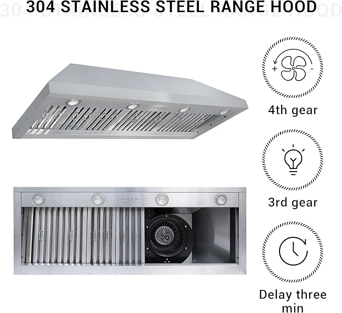 CHETTO C Stainless Steel Range Hood Cover with Quiet Vent Hood Insert Custom Handcrafted Metal Kitchen Fan with Towel Rack LED Light 48"W x21"D x57"H Brushed Stainless Steel Wall Mount