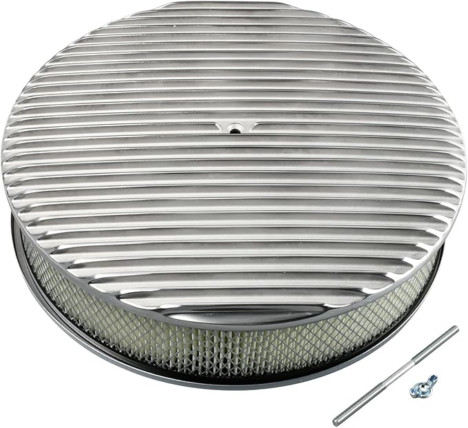 14 x 3 Inch Round Polished Air Cleaner Kit Fully Finned Top with Flat Style Base Compatible with Chevy Ford GM