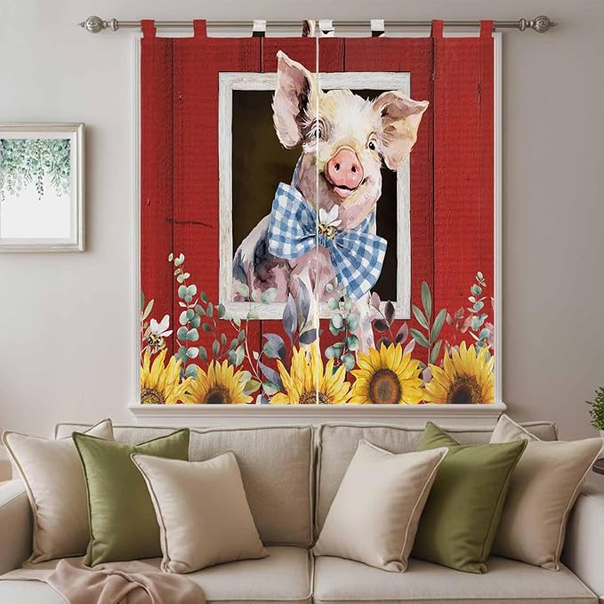 Pig Sunflowers Bathroom Curtains 63 Inch Length, Window Curtains Tab Top, Eucalyptus Leaves Floral Bees Red Barn Light Filtering Window Treatments Drapes 52"x63" 2 Panel