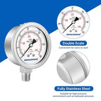 MEASUREMAN Fully Stainless Steel Hydraulic Glycerin Filled Pressure Gauge, 2-1/2" Dial Size, 1/4" NPT Lower Mount, 0-60psi/kpa