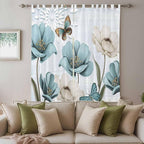 Blue Tulips Living Room Curtains 96 Inch Length, Window Curtains Tab Top, Watercolor Flowers Butterfly Spring Farmhouse Blue Light Filtering Window Treatments Drapes 52"x96" 2 Panel