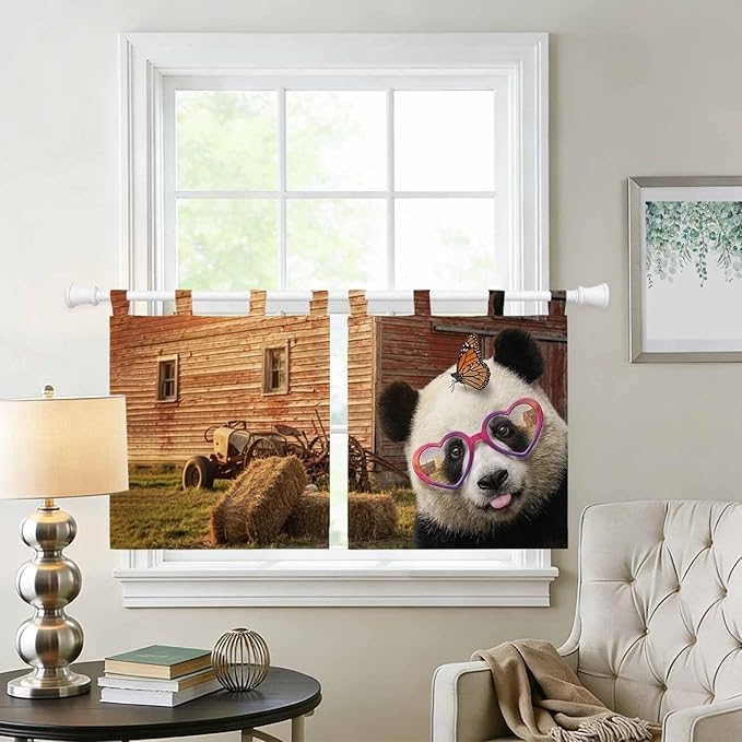 Farm Panda Kitchen Curtains 36 Inch Length, Small Window Curtains Tab Top, Farmhouse Barn Funny Animals Butterfly Light Filtering Short Window Treatments Tier Drapes 27.5"x36" 2 Panel