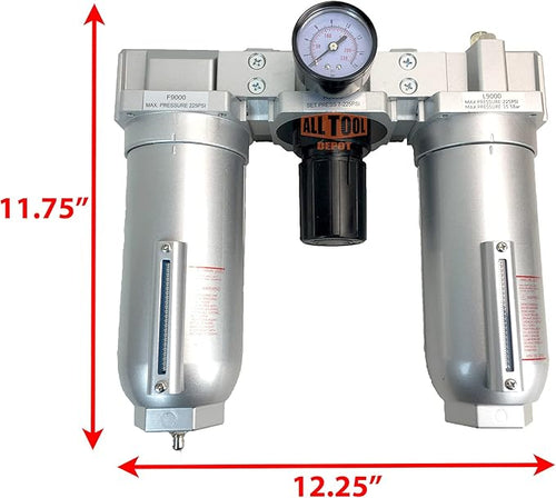 3/4" NPT SUPER DUTY Compressed Air In Line Filter Regulator Lubricator Oiler Combo, Metal Bowl, 5 Micron Element, Adjustable From 7 to 215 PSI (MANUAL DRAIN)