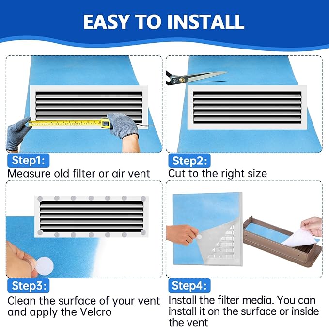 20''x90'' Air Vent Filters, High Air Flow Cut to Size(80+Filters) MERV 8 Electrostatic Floor Vent Filter for Floor Registers, RV, AC, Ceiling, Grilles and Wall HVAC Furnace Vents, 48PCs Adhesive Hook