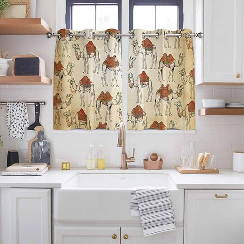 2 Panel Kitchen Cafe Curtains, Desert Sand Camel Sunlight Filtering Nature Air Through, Home Decor Window Covering Tier Curtains for Bedroom Living Room Summer Tropical Animals Vintage Beige