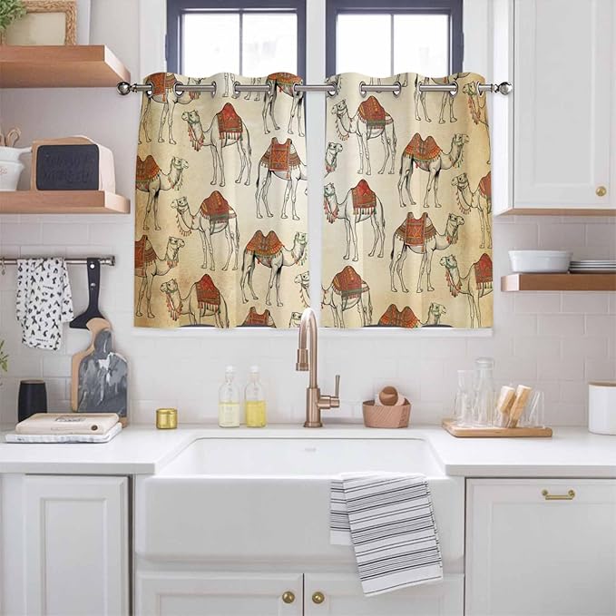 2 Panel Kitchen Cafe Curtains, Desert Sand Camel Sunlight Filtering Nature Air Through, Home Decor Window Covering Tier Curtains for Living Room 104W x 52L inch Summer Tropical Animals Vintage Beige