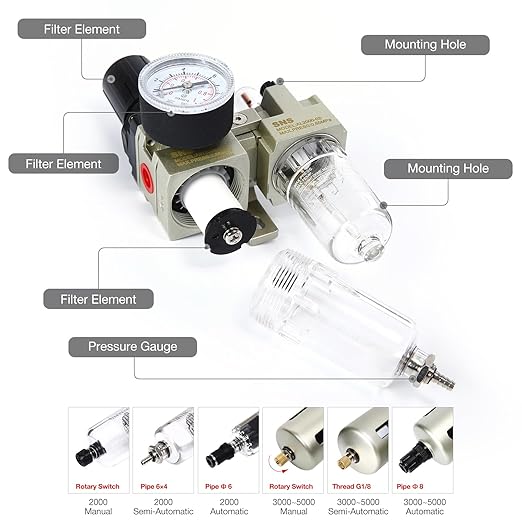 SNS 1/4" NPT Compressed Air Filter Regulator Lubricator Two Units Combo FRL Water/Oil Trap Separator, Semi-auto Drain, Gauge and Bracket, Poly Bowl AC2010-N02A