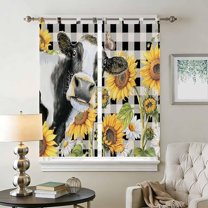 Retro Sunflowers Bathroom Curtains 63 Inch Length, Window Curtains Tab Top, Farmhouse Floral Cow Butterfly Black Plaid Light Filtering Window Treatments Drapes 52"x63" 2 Panel