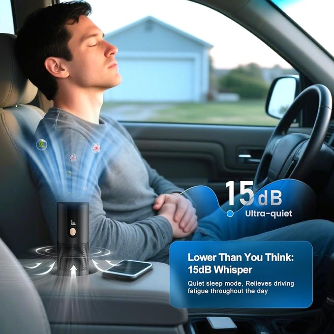 Mini Car Air Purifier-True HEPA Portable Small Air Purifier 15dB Quiet Cordless for Smoke/Dust/Pet Hair with 3-Layer Filtration for Cars/Small Bedroom/Office/Desk/Travel (Black）