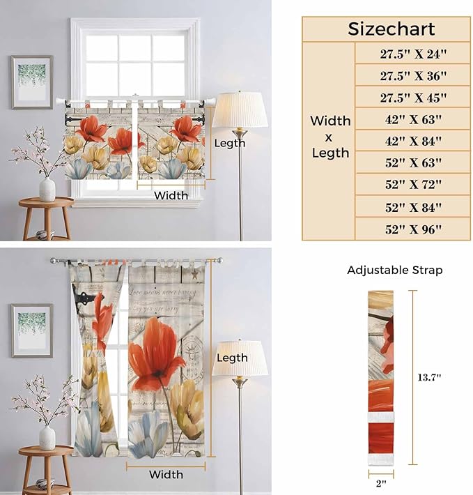 Retro Floral Kitchen Curtains 45 Inch Length, Short Cafe Window Curtains Tab Top, Red Yellow Tulips Barm Doors Farmhouse Wooden Light Filtering Window Treatments Tier Drapes 27.5"x45" 2 Panel