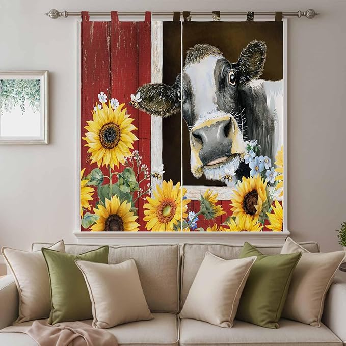 Cows Sunflowers Bathroom Curtains 63 Inch Length, Window Curtains Tab Top, Rustic Farms Barns Flowers Bees Animals Light Filtering Window Treatments Drapes 52"x63" 2 Panel