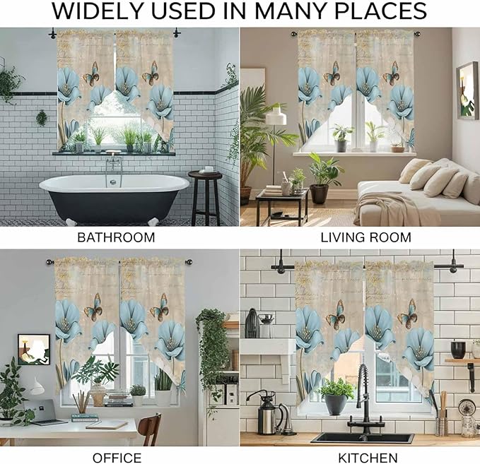 Spring Flowers Swag Valances for Windows, Vintage Rustic Tulips Floral Butterfly Khaki Rod Pocket Kitchen Curtains Valance, Small Window Curtains Swag for Cafe Living Room, 2 Panels, 36x36 inch