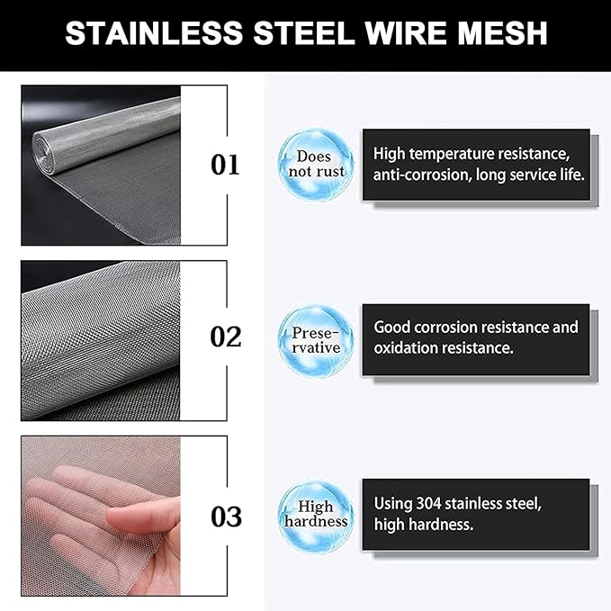 Stainless Steel Woven Wire Mesh, Metal Woven Mesh, 20 Mesh Stainless Steel Air Vent Mesh Cabinets Wire Mesh Insect Screen for Vent, Filter, Window, Garden