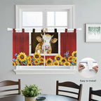 Cows Sunflowers Kitchen Curtains 36 Inch Length, Small Window Curtains Tab Top, Spring Floral Bees Farmhouse Barn Light Filtering Short Window Treatments Tier Drapes 27.5"x36" 2 Panel
