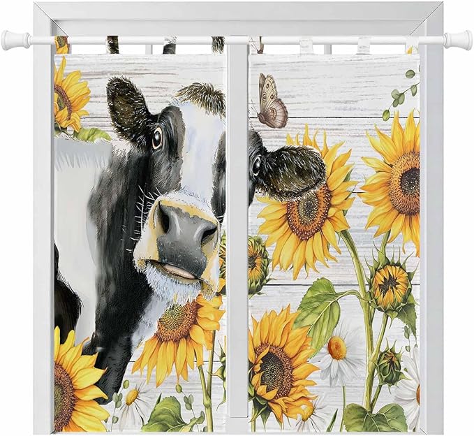 Retro Farmhouse Floral Bathroom Curtains 63 Inch Length, Window Curtains Tab Top, Yellow Sunflowers Cows Butterfly Wood Light Filtering Window Treatments Drapes 52"x63" 2 Panel