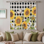Sunflowers Living Room Curtains 84 Inch Length, Window Curtains Tab Top, Yellow Flowers Butterfly Farmhouse Black Plaid Light Filtering Window Treatments Drapes 42"x84" 2 Panel
