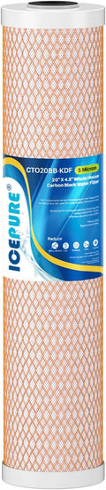 ICEPURE 4.5" x 20" Activated Carbon and KDF Large Capacity Water Filter, Whole House Heavy Metal Filtration, 5 Micron CTO20BB-KDF Whole House Water Filter, 1 PACK