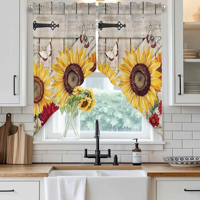 Red Yellow Sunflowers Swag Valances for Windows, Retro Rustic Barn Doors Butterfly Brown Rod Pocket Kitchen Curtains Valance, Kitchen Window Curtains Swag for Cafe Living Room, 2 Panels, 36x63 inch
