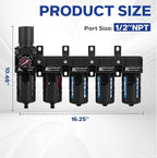 NEWPO 1/2" NPT 5 Stage Air Dryer for Compressor,Air Compressor Water Separator System with 5＆0.01 Micron Filter Cartridge & Triple Desiccant Dryer,Metal Bowl Semi-Auto Drain (Black)