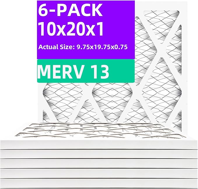 10x20x1 MERV 13 (6-Pack) Pleated Air Filter (Actual Size: 9.75" x 19.75" x 0.75") MPR 1900 & FPR 10, Furnace Air Filters 10x20x1 Air Filter