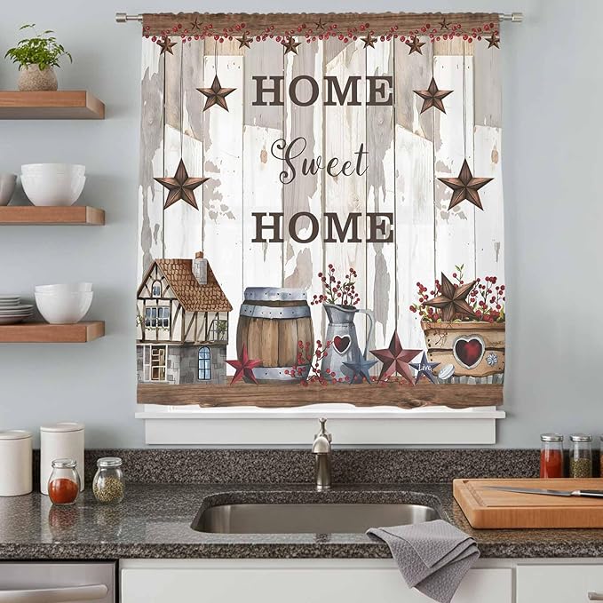 Farmhouse Sheer Curtains 54 Inch Length Retro Country Star Berry Vintage Wood Grain Chiffon Curtain for Bedroom Living Room Light Filtering Window Treatments Voile Curtains Drapes for Kitchen