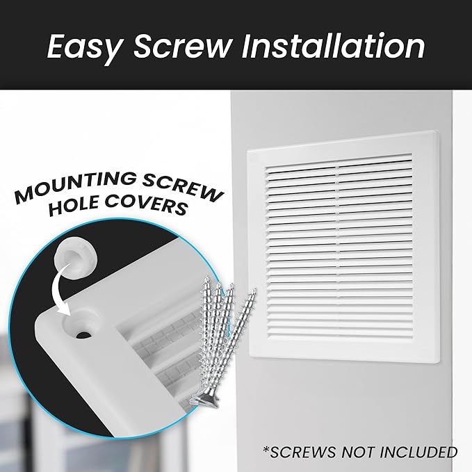 Repa Market 6 x 6 Inch (Outer) White Square Air Vent Cover - Pack of 2 Plastic Fresh Air Intake Vent - AC Cover with Nylon Mesh Screen, Wall, Ceiling HVAC Return Air Register, Modern Soffit Vents